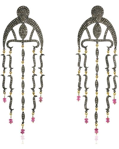 Artisan 18k Gold Silver With Natural Pave Diamond & Pink Tourmaline Chandelier Earrings - Metallic