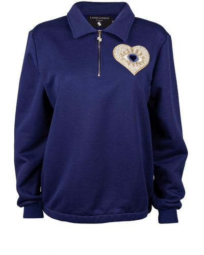 Laines London Laines Couture Navy Quarter Zip Sweatshirt With Embellished Heart Eye - Blue