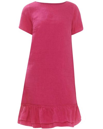 Haris Cotton Ruffle Hem Linen Dress With Short Sleeves - Pink