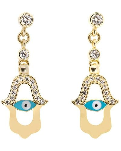 Ebru Jewelry Turquoise Enamel Evil Eye Gold Plated Hamsa Earrings - Metallic