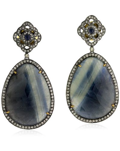 Artisan Multi Sapphire & Diamond Designer Earrings In 18k Solid With Silver - Blue