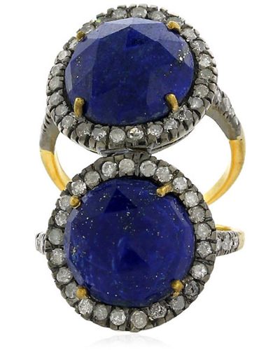 Artisan Lapis Diamond 18k Yellow Gold Ring 925 Sterling Silver Jewellery - Blue
