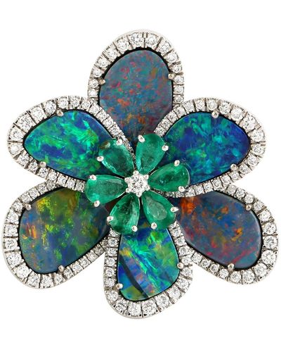 Artisan Pear Shape Opal Doublet & Emerald With Natural Diamond In 18k White Gold Designer Flower Ring - Blue