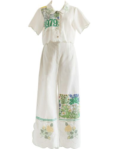 Sugar Cream Vintage Re-top & Trousers Floral Embroidery Crop Set - Green