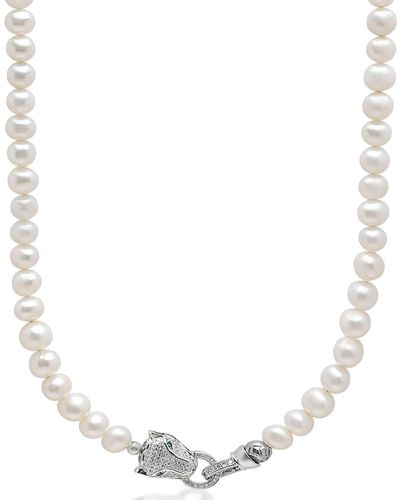 Nialaya White Pearl Necklace With Panther Head Lock - Metallic