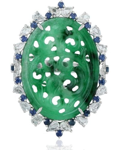 Artisan Carving Jade Blue Sapphire Natural Diamond Cocktail Ring Handmade Jewelry - Green