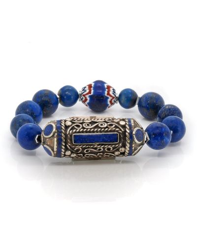Ebru Jewelry Lapis Lazuli Stone Vintage Silver Nepal Chunky Beaded Bracelet - Blue