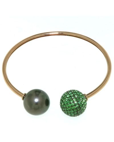 Artisan 18k Gold With Silver In Tsavorite & Tahitian Pearl Ball Cuff Bangle - Green