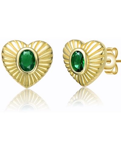 Genevive Jewelry Sterling Silver Yellow Plated With Emerald Cubic Zirconia Sunray Heart Stud Earrings - Metallic