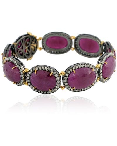 Artisan Oval Cut Ruby & Pave Diamond In 18k Solid Gold With 925 Silver Fixed And Flexible Designer Bracelet - Purple
