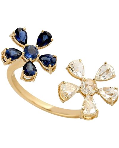 Artisan Pear Cut Natural Blue Sapphire & Rose Cut Diamond In 18k Yellow Gold Bypass Ring - Metallic