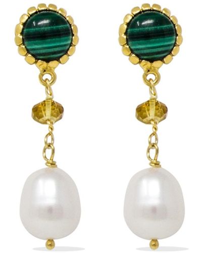 Vintouch Italy Malachite, Citrine & Pearl Drop Earrings - Green
