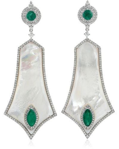 Artisan Natural Emerald Diamond Mother Of Pearl Dangle Earrings 18k White Gold - Green