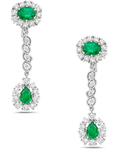 Artisan White Gold Genuine Diamond Dangle Earrings Emerald Handmade Jewellery - Green