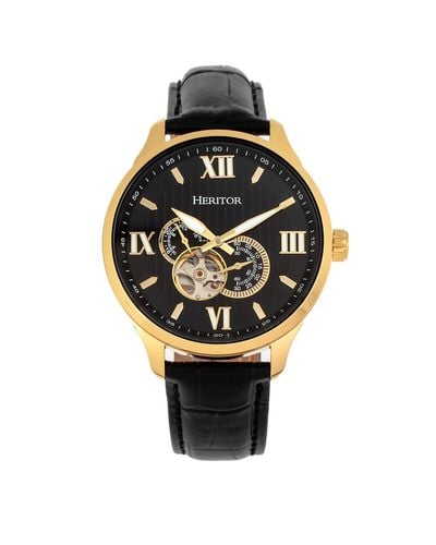 Heritor Harding Semi-skeleton Leather-band Watch With 24-hour Sub-dial - Metallic