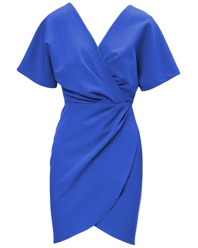 BLUZAT Electric Mini Dress With Pleats And V-neck - Blue