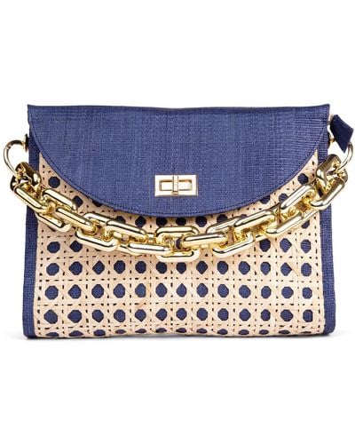 Soli & Sun The Soleil Navy Rattan Woven Clutch With Large Gold Chain - Blue