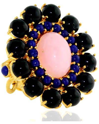 Artisan Oval Cut Opal & Lapis With Onyx Gemstone In 18k Yellow Cocktail Ring - Black
