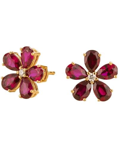 Juvetti Florea Gold Earrings In Ruby & Diamond - Red