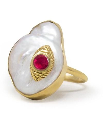 Vintouch Italy The Eye Gold-plated Ruby & Pearl Ring - Multicolour