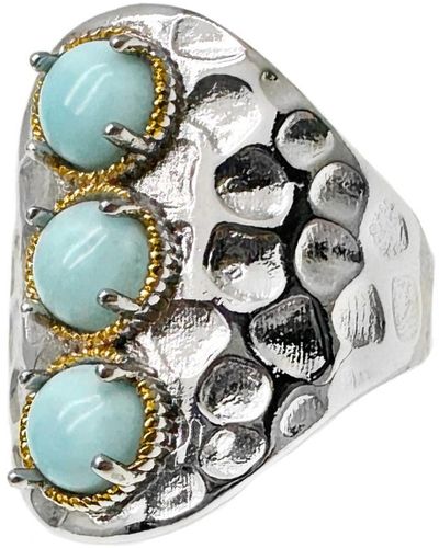 Farra Turquoise Stones Platinum Plated Brass Adjustable Ring - Metallic