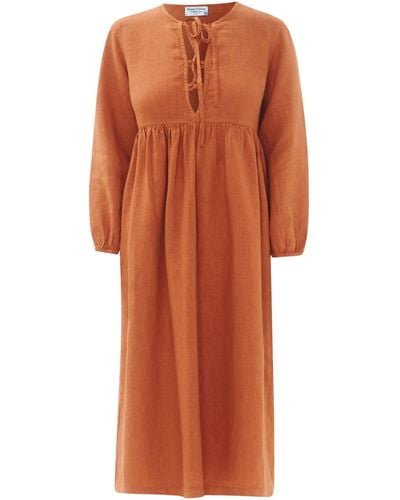 Haris Cotton Knot Front Linen Dress With Flounce Sleeve - Orange
