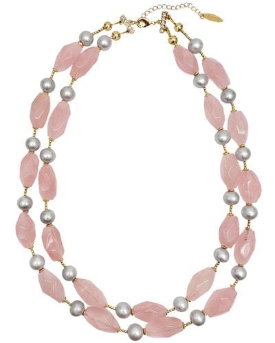 Farra Pink Rose Quartz And Grey Freshwater Pearls Double Layers Necklace