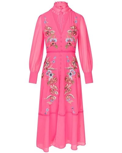 Hope & Ivy The Annika Embroidered Button Front Tea Dress With Floral Beading And Detachable Collar - Pink