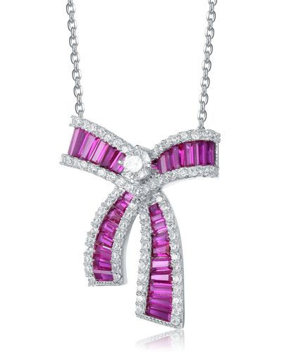 Genevive Jewelry Sterling Silver With Rhodium Plated & Cubic Zirconia Bowtie Pendant Necklace - Purple
