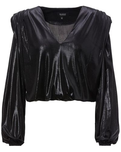 BLUZAT Blouse With Draping Detailing And Puffy Sleeves - Black