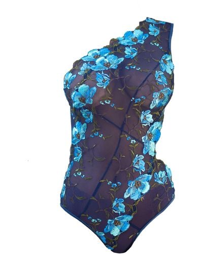 Carol Coelho Atlantis Sun Anemone Embroidered Tulle One Shoulder Bodysuit - Blue