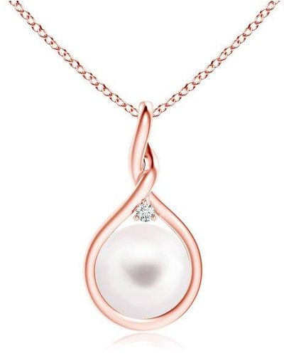 Genevive Jewelry Sterling Silver With Rose Gold Plated White Round Shell Pearl With Clear Cubic Zirconia Pendant Necklace - Pink