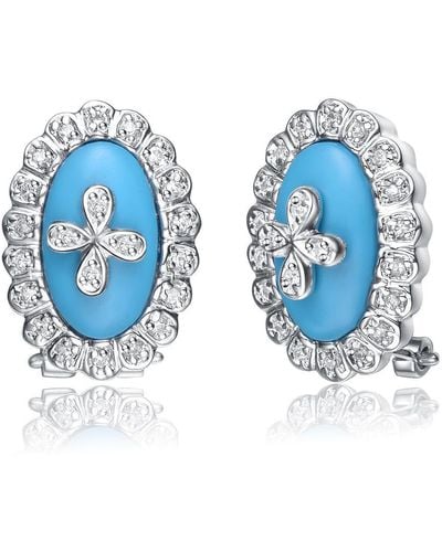Genevive Jewelry Cubic Zirconia Sterling Silver White Gold Plated Turquise Oval Shape Omega Earrings - Blue