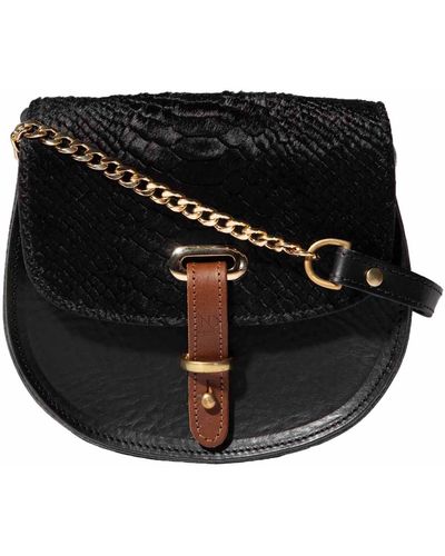 N'damus London Mini Victoria Alligator Print Full Grain Leather Crossbody Saddle Bag With Gold Chain - Black