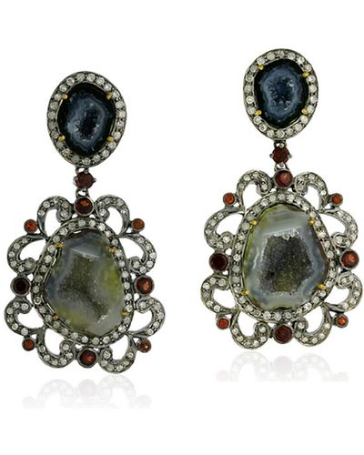 Artisan Unshaped Geode & Garnet Gemstone With Pave Diamond In 18k Silver Designer Earrings - Green