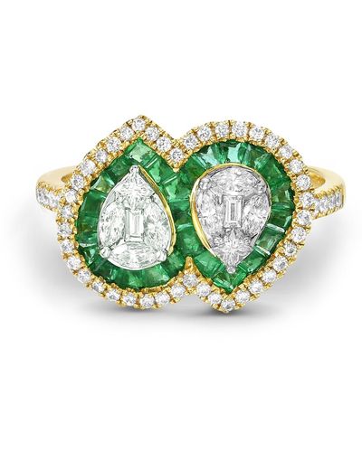 Artisan Natural Emerald 18k Yellow Gold Diamond Pear Shape Ring - Green