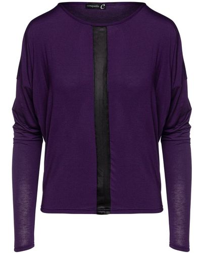 Conquista Ink Colour Batwing Top With Faux Leather Detail - Purple