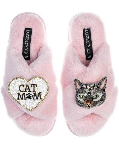 Laines London Classic Laines Slippers With Grey Pebbles Cat & Cat Mum / Mom Brooches - Pink