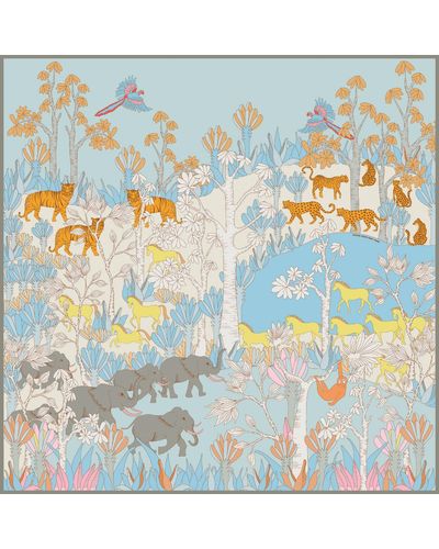 Jessie Zhao New York Double Sided Silk Scarf Of Jungle Adventure - Blue