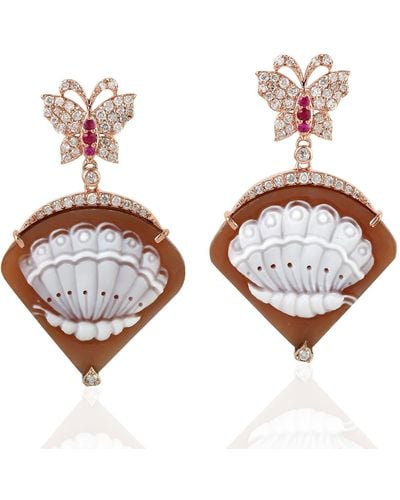 Artisan 18k Shell Cameos Ruby Butterfly Dangle Earrings Diamond Jewellery - Brown