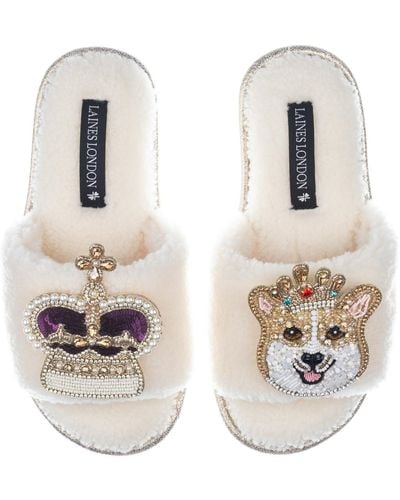 Laines London Teddy Towelling Slipper Sliders With Corgi & Crown Brooches - Metallic