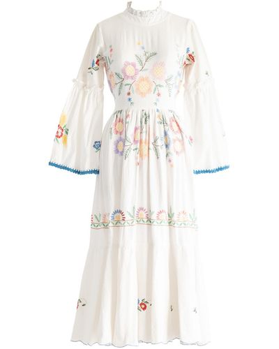 Sugar Cream Vintage Re-design Upcycled Boho Blossom Colorful Floral Maxi Dress - White