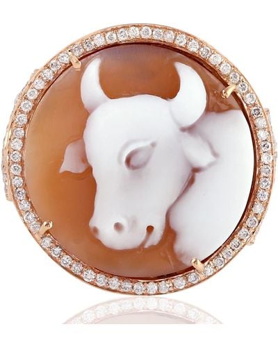 Artisan Handmade Rose Gold Cow Shape Shell Cameo Diamond Cocktail Ring Jewelry - Brown