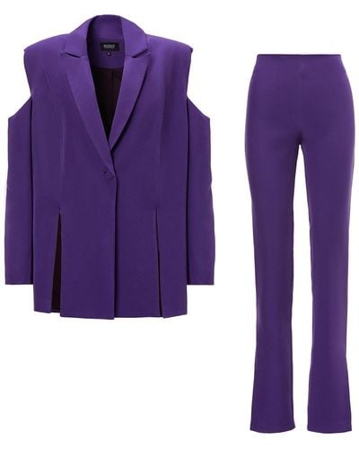 BLUZAT Deep Purple Suit With Cut-outs Blazer And Slim Fit Pants