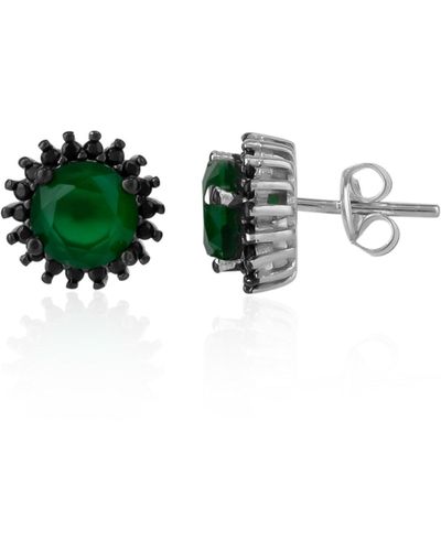 Spero London Black Emerald Colour Stud Earring In Sterling Silver - Green