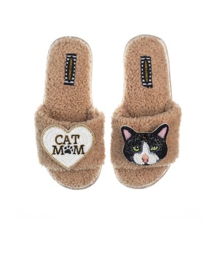Laines London Teddy Toweling Slippers With Oreo & Cat Mom / Mum Brooches - Natural