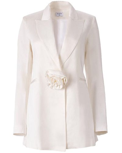 Lita Couture Rosette Appliqué Blazer In Linen – Limited Edition - White