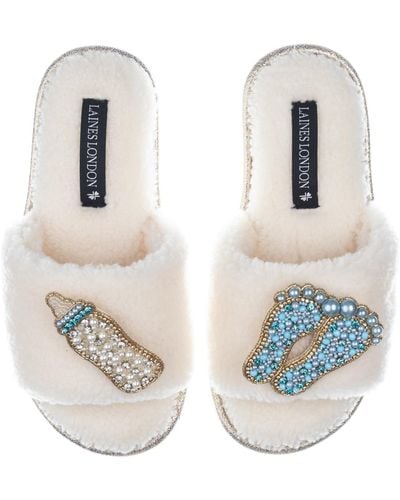 Laines London Teddy Towelling Slipper Sliders With New Baby Boy Brooches - White
