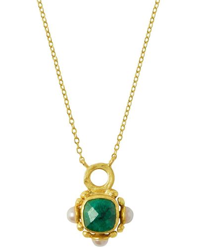 Ottoman Hands Esther Emerald And Pearl Pendant Necklace - Metallic