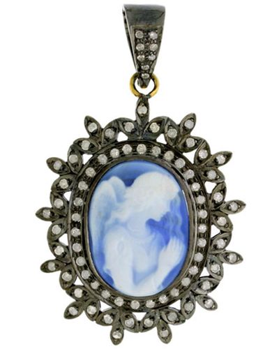 Artisan Carved Shall Cameo & Diamond Angle Design Pendant In 18k Gold With Silver - Blue